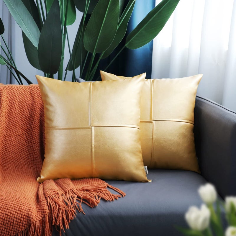 BRAWARM Faux Leather Throw Pillow Covers 16 X 16 Inches, Gold Leather Pillow Covers Pack of 2, Hand Stitched Leather Decorative Throw Pillows for Couch Sofa Bed Living Room Home Garden - Image 2